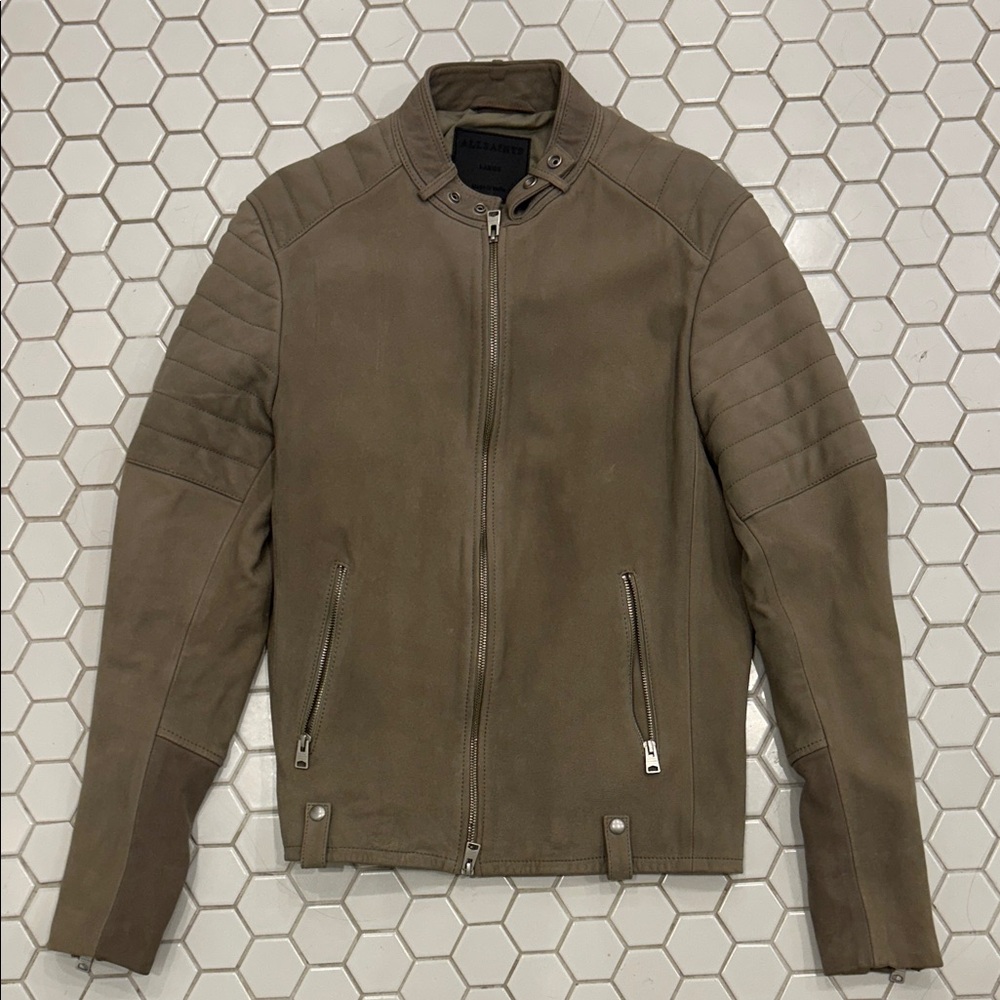 AllSaints Taupe Suede Racer Bomber Jacket
